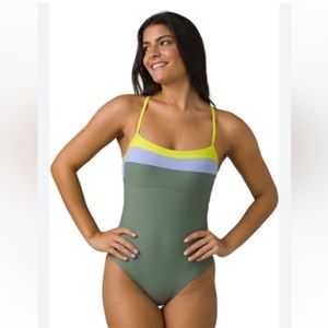 NEW Prana Green Color Block Lurisa One Piece Strappy Swimsuit Size XS